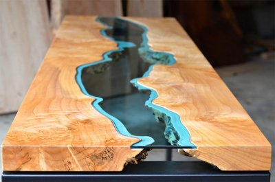 aspect Leuren Vertellen Prachtige houten tafel met rivier van glas | Woodworking.nl